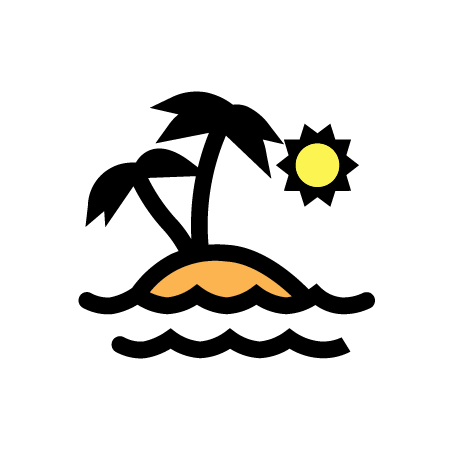 An island with palm trees, a sun, and choppy waves.