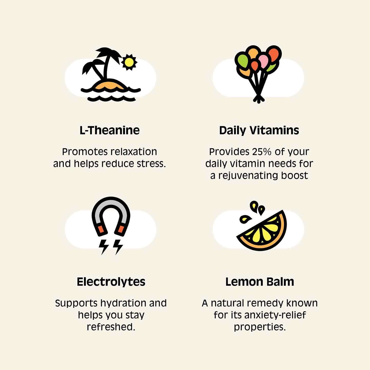 Infographic with four images and text below each image. From top left, moving clockwise:
An island with palm trees. Text: “L-Theanine: Promotes relaxation and helps reduce stress”;
A bunch of balloons. Text: “Daily Vitamins: Provides 25% of your daily vitamin needs for a rejuvenating boost”;
A lemon wedge. Text: “Lemon Balm: A natural remedy known for its anxiety-relief properties”;
A magnet with lightning bolts below the poles. Text: “Electrolytes: Supports hydration and helps you stay refreshed."