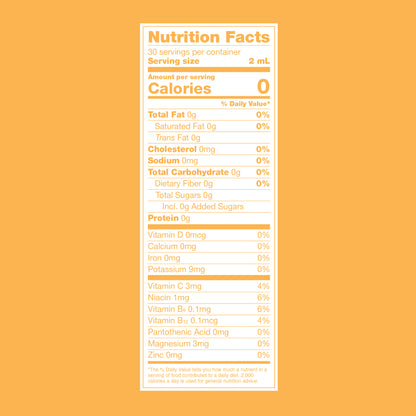 Nutrition panel for Grapefruit Beverage Drops. 0% daily value for total fat, cholesterol, sodium, carbohydrate, protein, calcium, iron, potassium, pantothenic acid, magnesium, and zinc. Additional nutritional facts:
Vitamin C, 3mg, 4%.
Niacin, 1mg, 6%.
Vitamin B6, 0.1mg, 6%.
Vitamin B12, 1mcg, 4%.