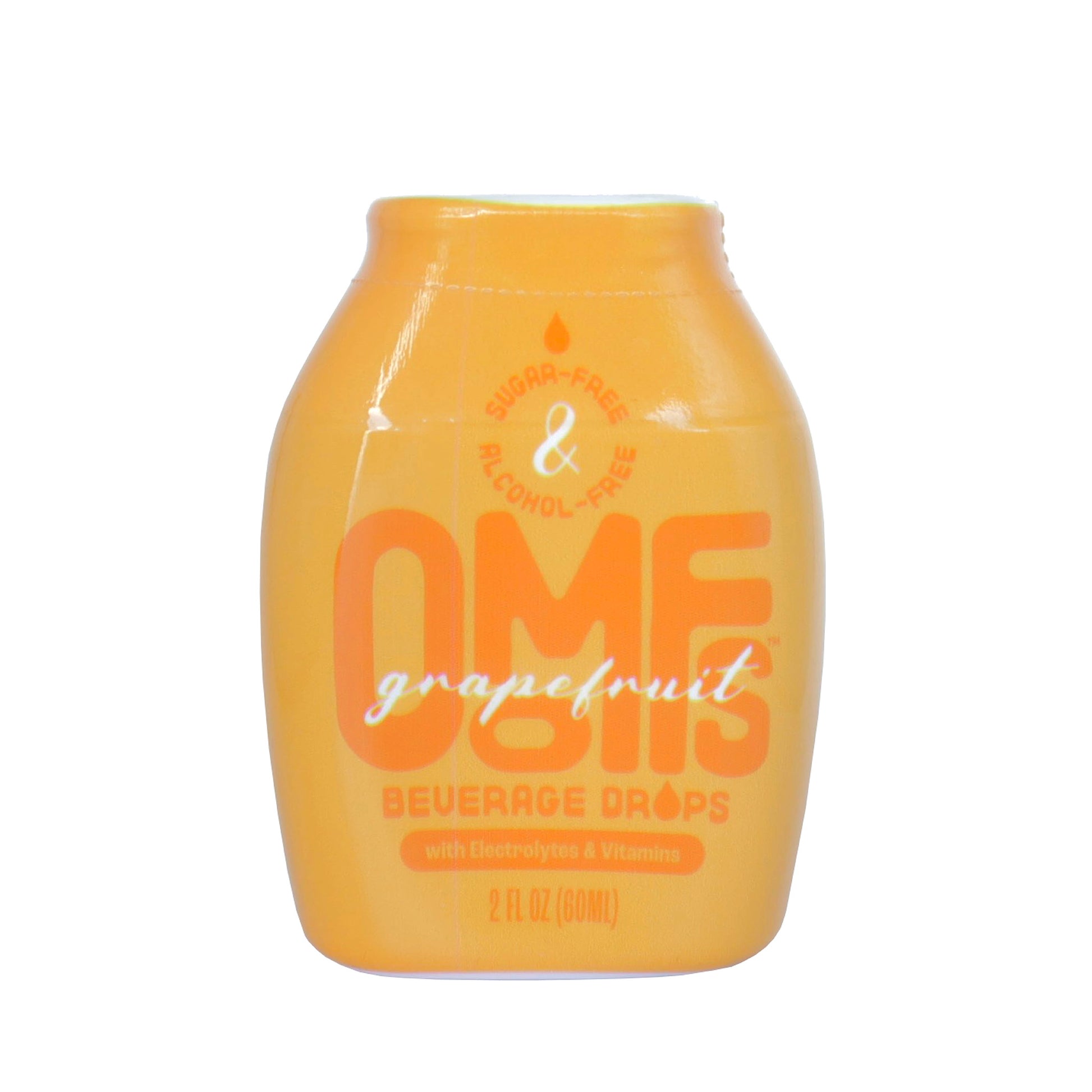 An orange, oblong bottle of Oomfs Grapefruit Beverage Drops, sugar-free & alcohol free, with electrolytes & vitamins, 2 fl oz.