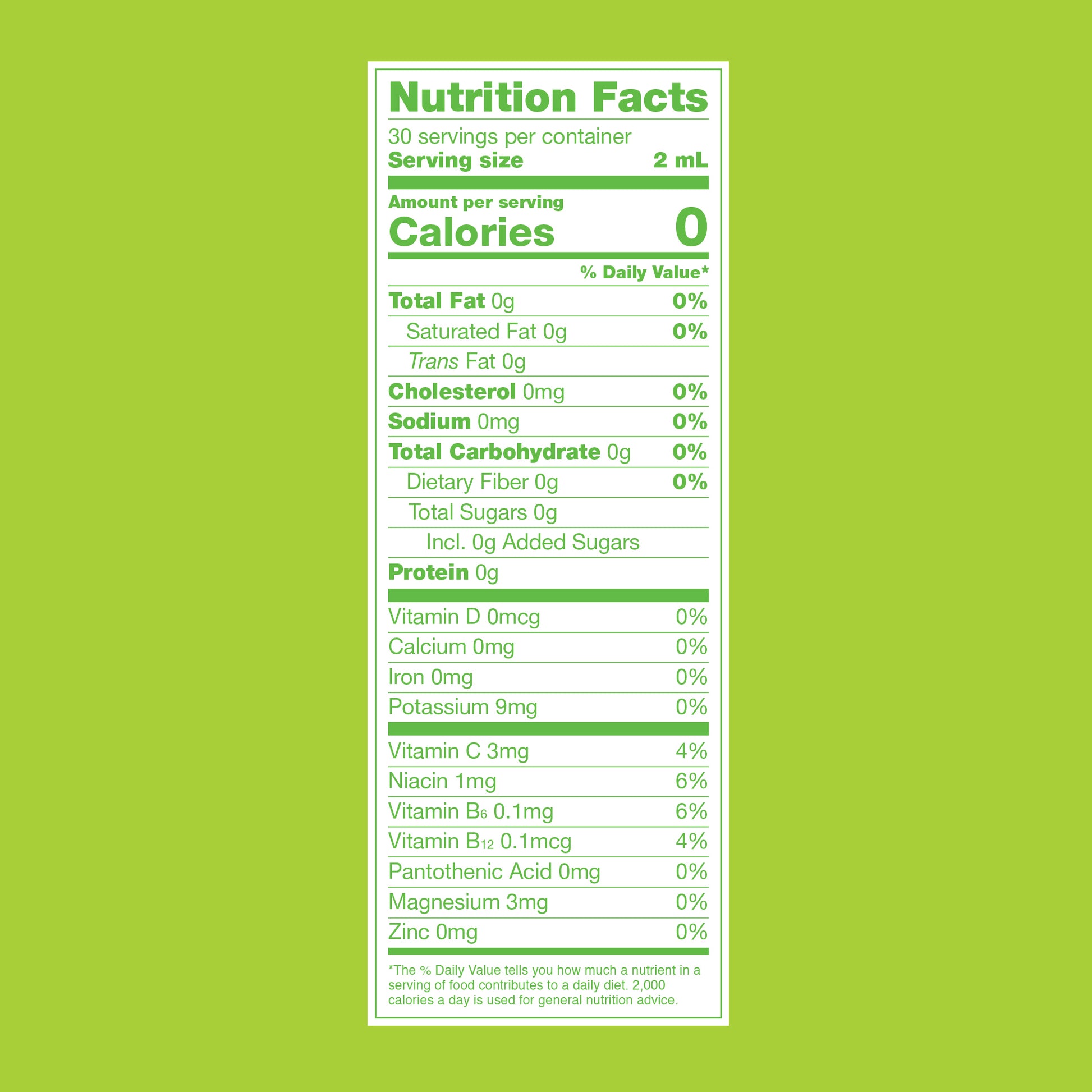 Nutrition panel for Margarita Beverage Drops. 0% daily value for total fat, cholesterol, sodium, carbohydrate, protein, calcium, iron, potassium, pantothenic acid, magnesium, and zinc. Additional nutritional facts:
Vitamin C, 3mg, 4%.
Niacin, 1mg, 6%.
Vitamin B6, 0.1mg, 6%.
Vitamin B12, 0.1mcg, 4%.