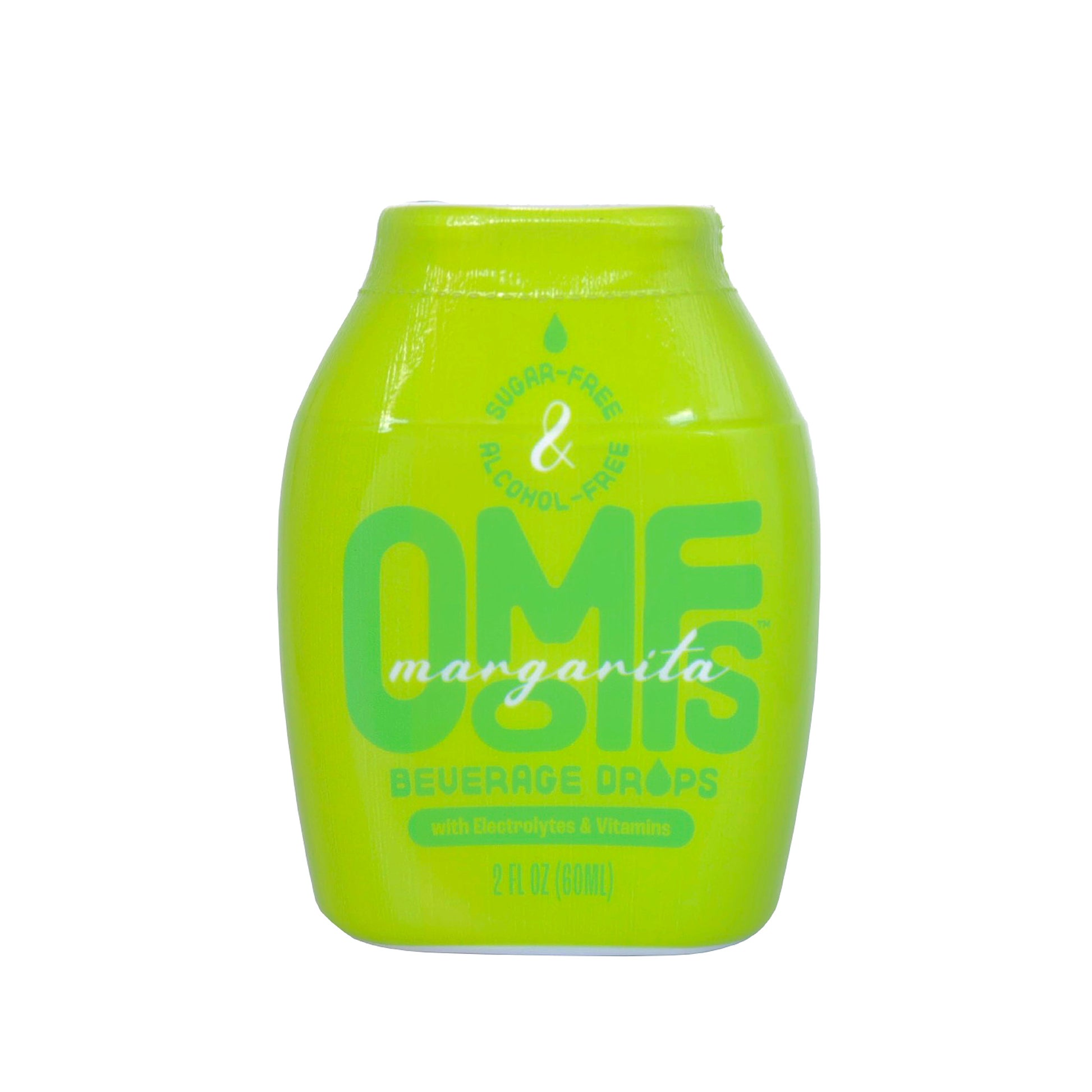 A light green, oblong bottle of Oomfs Margarita Beverage Drops, sugar-free & alcohol free, with electrolytes & vitamins, 2 fl oz.