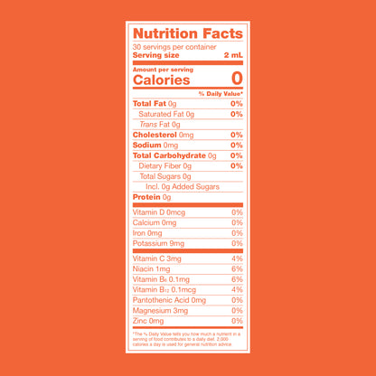 Nutrition panel for Shirley Temple Beverage Drops. 0% daily value for total fat, cholesterol, sodium, carbohydrate, protein, calcium, iron, potassium, pantothenic acid, magnesium, and zinc. Additional nutritional facts:
Vitamin C, 3mg, 4%.
Niacin, 1mg, 6%.
Vitamin B6, 0.1mg, 6%.
Vitamin B12, 0.1mcg, 4%.